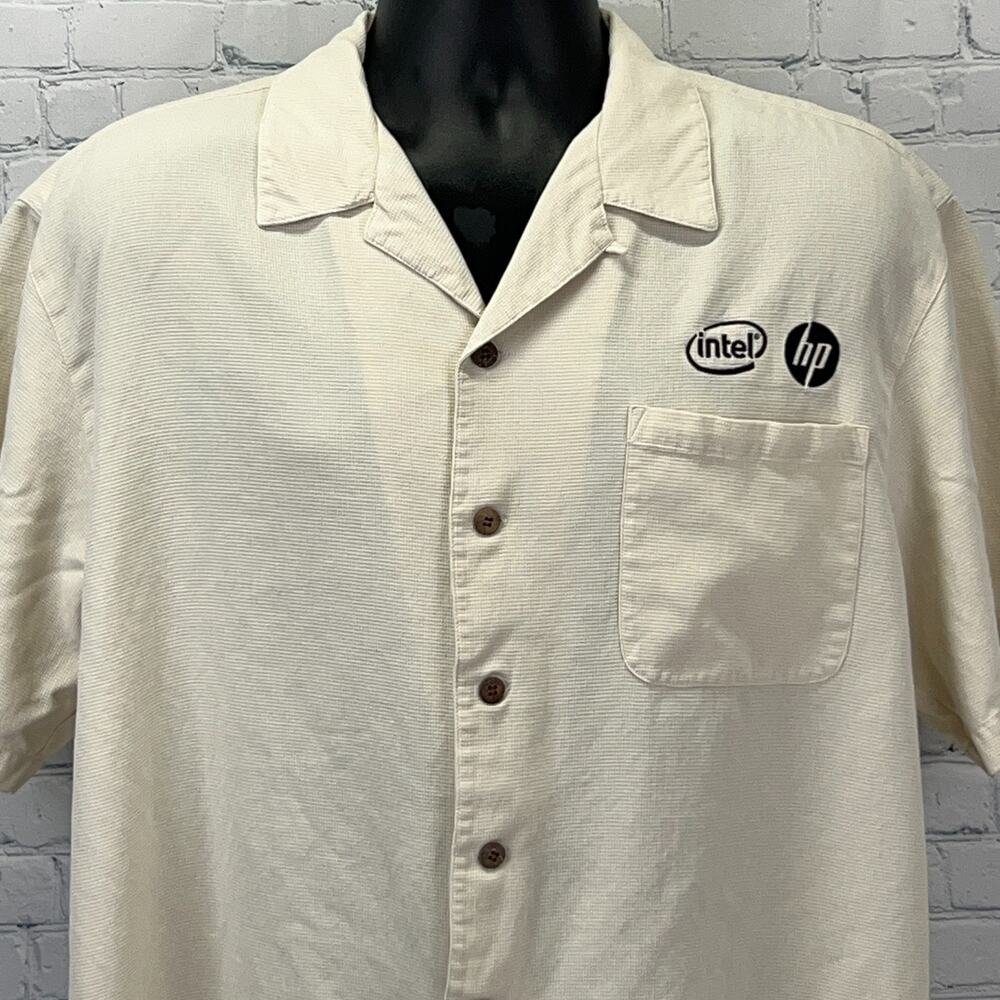Intel HP Camp Shirt Button Front Hewlett Packard Pocket Silk Blend Beige L Large